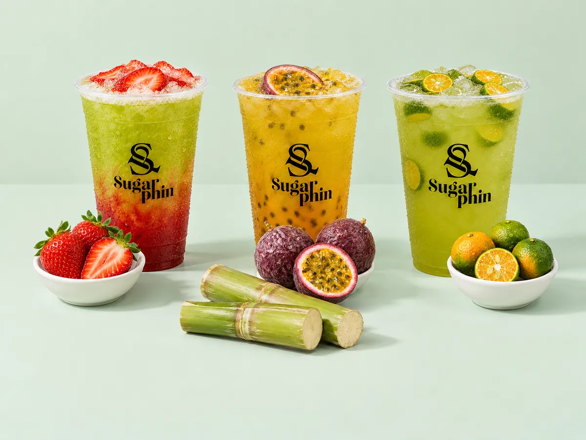 SugarPhin strawberry, passion fruit and kumquat sugarcane drinks with fresh sugarcane