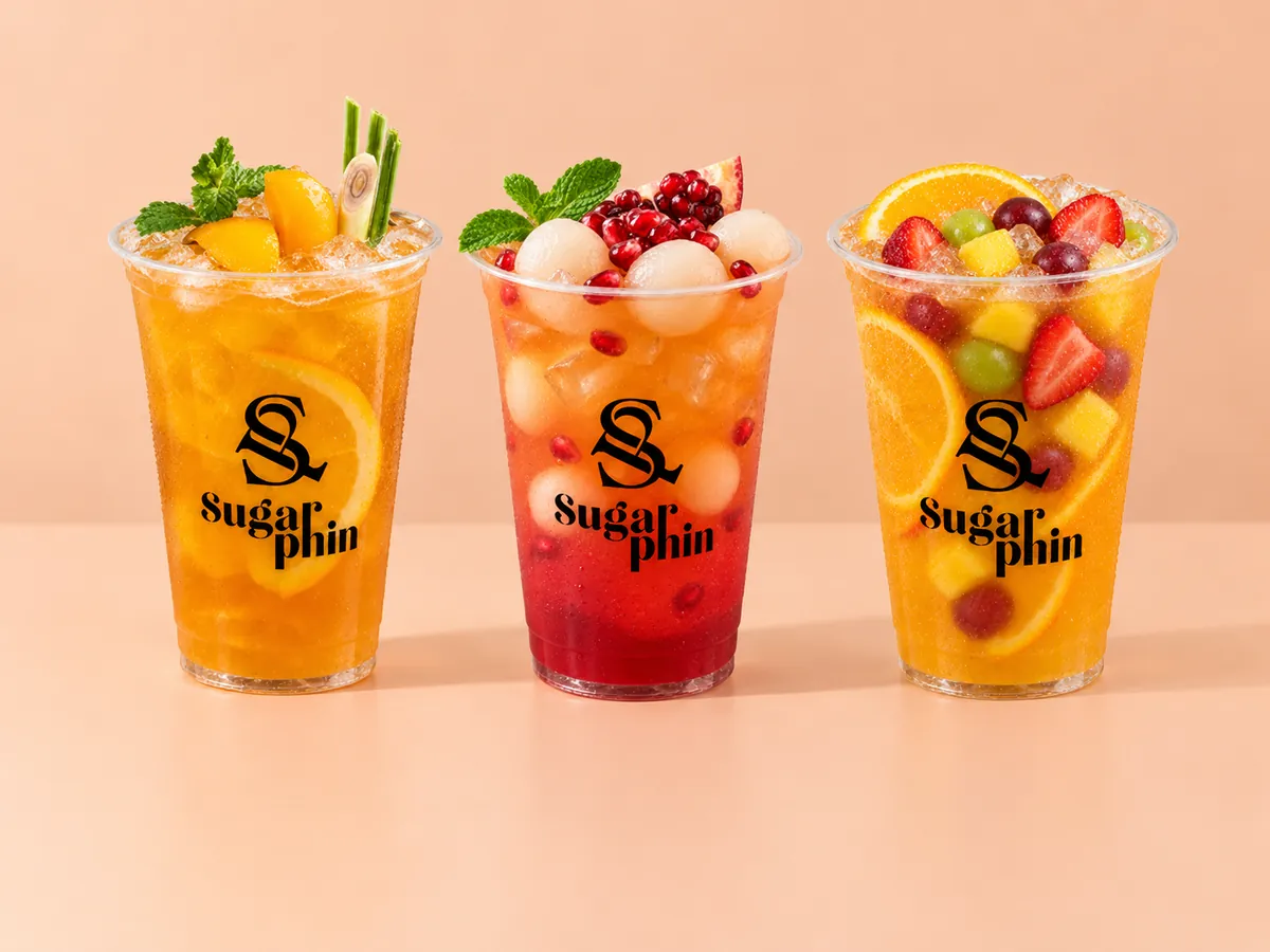 SugarPhin peach citrus tea, pomegranate rambutan tea and tropical tea
