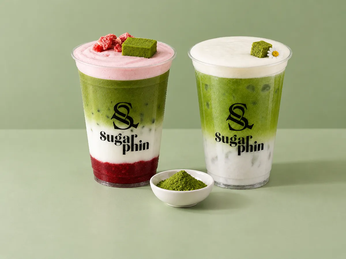 SugarPhin strawberry cloud matcha and coco cloud matcha with a dish of matcha powder