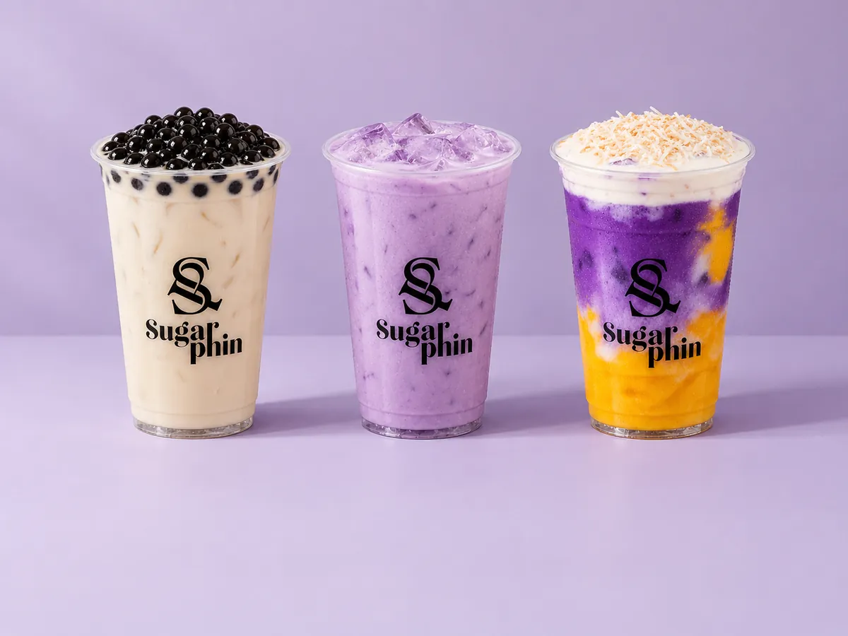 SugarPhin jasmine milk tea, taro milk tea and ube mango coco
