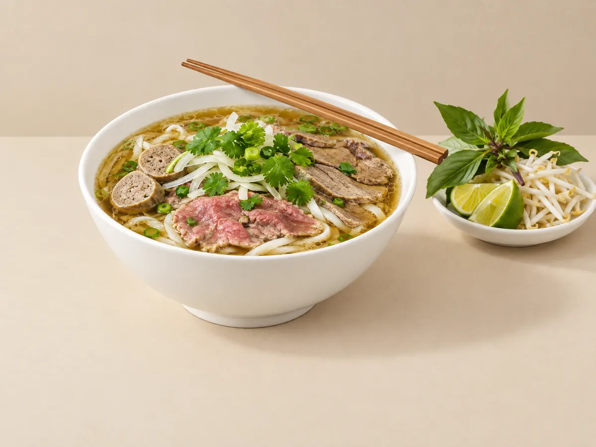 A bowl of phở with rare beef, brisket and meatballs, with lime, Thai basil and bean sprouts