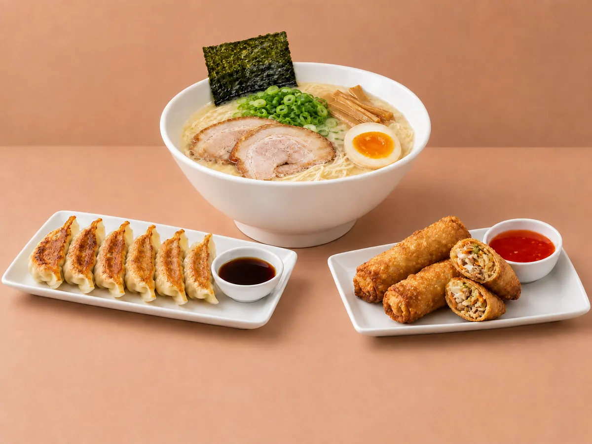 Pork ramen with gyoza potstickers and egg rolls