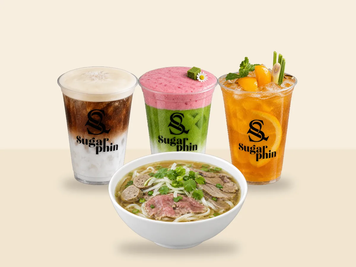 A bowl of phở with SugarPhin salt cloud coffee, strawberry cloud matcha and peach citrus tea