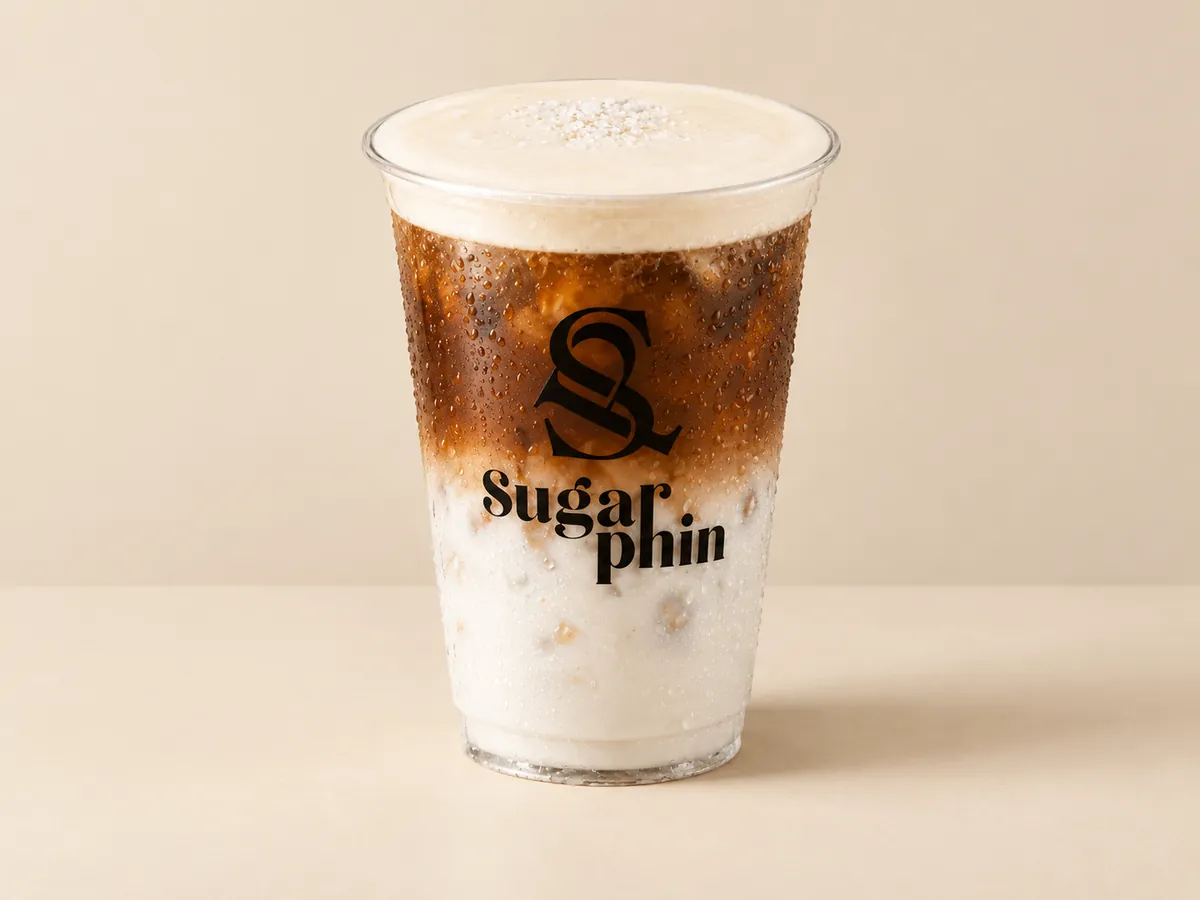 SugarPhin salt cloud coffee in a clear cup printed with the black SugarPhin logo