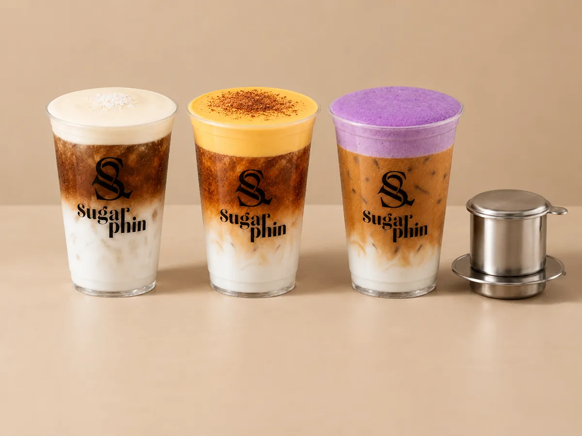 SugarPhin salt cloud coffee, egg white coffee and ube cloud coffee beside a phin filter